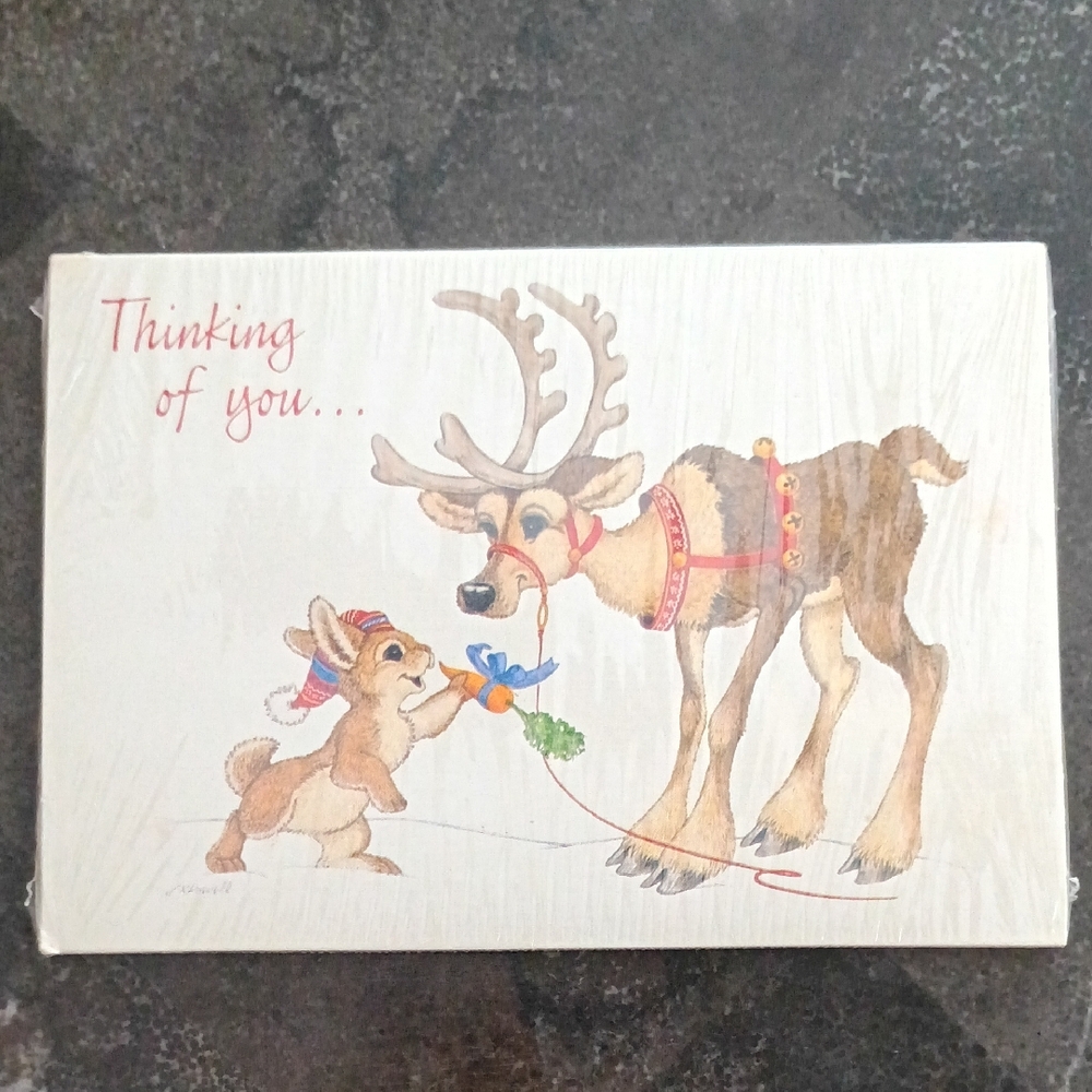 Vintage Reindeer and Bunny Holiday Post Card